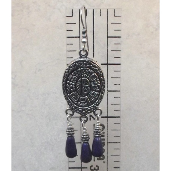 Lapis Lazuli & Silver Oval Tribal Shield Earrings - Picture 3 of 3